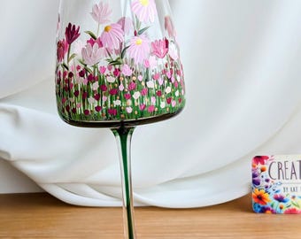 Hand Painted Wine Glass: Pink Floral Design,