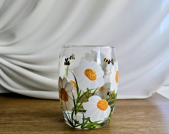 Hand Painted Bumblebee and Daisy Mixer Glass