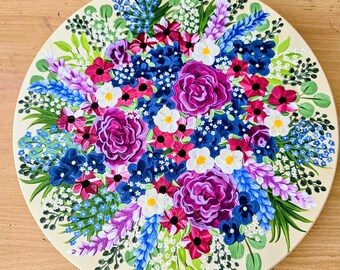 Hand-Painted Wooden Lazy Susan, Floral Rotating Tray, 38cm Diameter