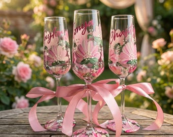 Hand Painted Floral Champagne Flutes, Personalized Bridal Party Toasting Glasses