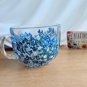 Hand Painted Cup, Glass Cappuccino Mug, Blue Blossom, Unique gift