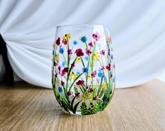 Hand Painted Stemless Wine Glass: Dainty Wildflower