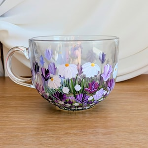 Hand Painted Cup, Glass Cappuccino Mug, purple flowers, mother&#39;s day gift, birthday, unique gift