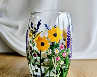 Hand Painted Bumblebee Sunflower and Wildflower Mixer Glass: Bespoke Design