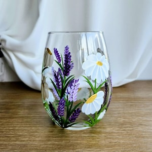 Hand Painted Stemless Wine Glass/Tumbler: Daisy and Lavender, Perfect gift for her, Mothers day or Birthday