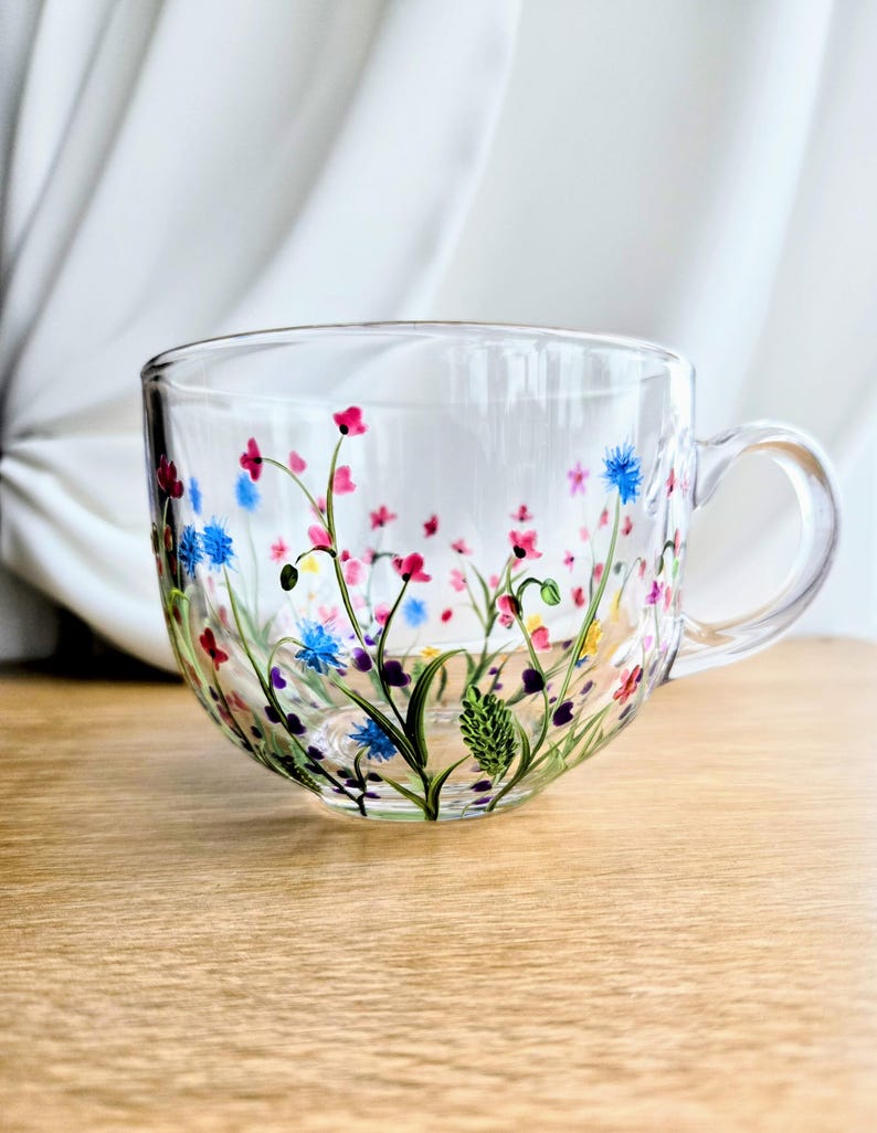 Hand Painted Glass Cappuccino Mug, Dainty Wildflowers, - Etsy