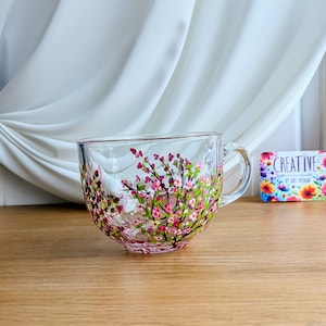 Hand Painted Glass Cappuccino Mug: Cherry Blossom Design