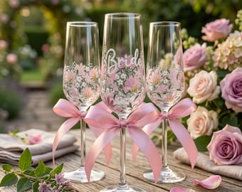 Hand Painted Floral Champagne Flutes, Custom Bridal Party Toasting Glass