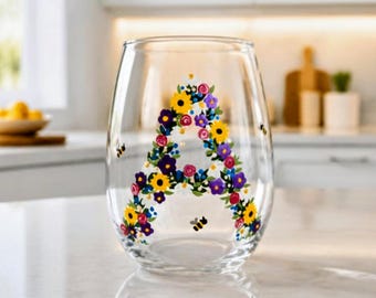 Hand Painted Personalised Letter Floral Wine Glass