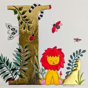 Letra del alfabeto ilustrada: pintura de acuarela personalizada y original con pan de oro