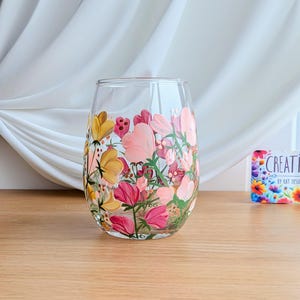 Hand Painted Stemless Wine Glass: Pink Sweet Pea Design