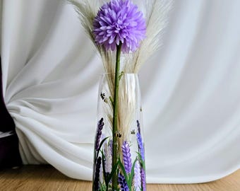 Hand Painted Lavender and Bee Bud Vase: Unique Floral Home Decor