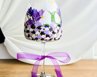 Hand Painted Wine Glass: Purple Floral Design,