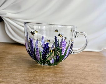 Hand Painted Glass Cappuccino Mug, Lavender and Bee
