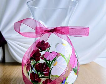 手描き花柄ガラス花瓶 手描きガラス花瓶、青い花柄 - Etsy 日本