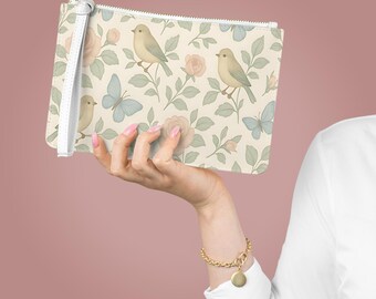 Vintage Bird and Rose Pattern Clutch Bag | Floral Butterfly Wristlet, Ladies Purse, Cottage Core Design
