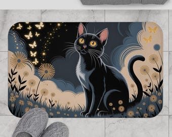 Tapis de bain chat fantaisiste | Décoration d'intérieur confortable, parfait pour les amoureux des chats, accessoire de salle de bain, cadeau pour les propriétaires d'animaux de compagnie, motif floral