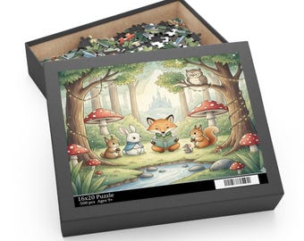 May include: A 16x20 inch puzzle box with a whimsical forest scene. The illustration features a fox reading to woodland creatures, including a rabbit, squirrel, and owl. The box is dark gray and contains puzzle pieces.