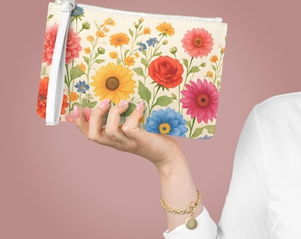 Cute Vintage Floral Bouquet Clutch, Colorful Garden Flowers Wristlet, Ladies Handbag