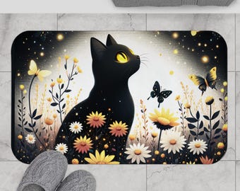 Tapis de bain chat fantaisiste - Motif chat noir et fleurs, décoration de salle de bain amusante, parfait pour les amoureux des animaux, cadeau pour les propriétaires de chat, maison confortable