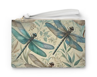 Vintage Dragonfly Print Clutch Bag | Teal Winged Insect Floral Pouch, Ladies Purse