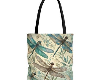 Vintage Teal Dragonfly Tote Bag | Botanical Pattern, Ladies Tote