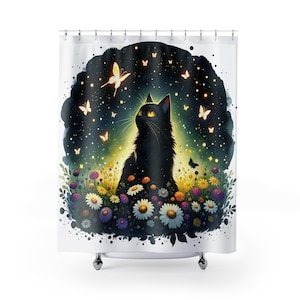 Mystical Cat Shower Curtain - Enchanting Home Decor, Cat Lover Gift, Fairy-Tale Bath Accessory, Unique Bathroom Decor, Nature Inspired
