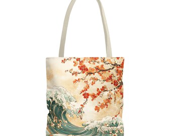 Japanese Cherry Blossom Tree and Water Wave Tote Bag - Floral
