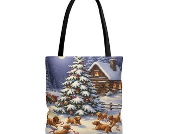 May include: Tote bag featuring a winter scene with a snow-covered Christmas tree, a cozy cabin, and playful puppies. The bag has a black handle and a festive design, perfect for carrying holiday essentials. The puppies are playing with red ribbons.