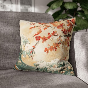 Funda de almohada de flor de cerezo, estilo japonés, para un hogar tranquilo, regalo para amantes de la naturaleza, funda de almohada para cama, diseño de ondas florales de loto.