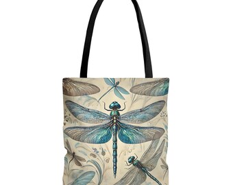 Blue Dragonfly Illustration Tote Bag | Vintage Botanical Pattern, Ladies  Bag