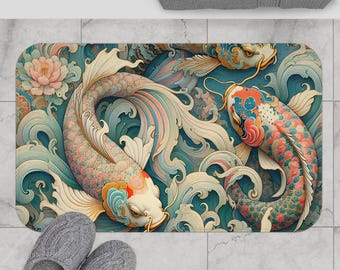 Koi Fish Bath Mat, Tranquil Bathroom Decor, Zen Home Accessory, Relaxing Spa Vibes, Artful Fish Design for Gift