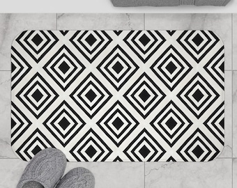 Modern Geometric Bath Mat, Stylish Bathroom Decor, Black and White Bathroom Rug, Non-Slip Floor Mat, Home Essentials