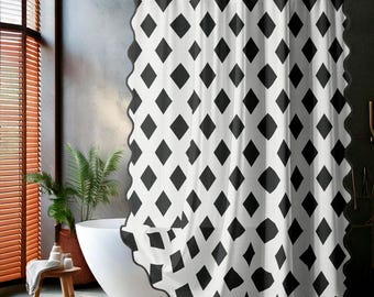 Cortina de ducha moderna en blanco y negro con diseño de diamantes y borde festoneado / Decoración minimalista para baño / 71x74 y 71x90, Baño tipo spa, Diseño gráfico