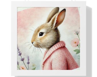 Whimsical Rabbit Art Print, Framed Horizontal Poster, Cute Home Décor, Nursery Wall Art, Unique Gift for Bunny Lovers, Pink Pastel Decor