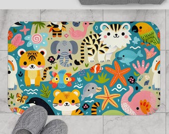 Whimsical Animal Bath Mat - Fun Bathroom Decor, Kid-Friendly Bath Rug, Vibrant Shower Mat, Unique Gift for Animal Lovers, Colorful Home
