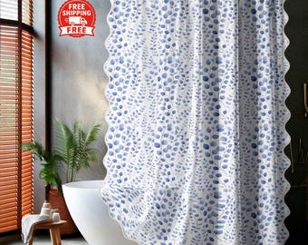 Blue Vine Scalloped Shower Curtain – Botanical Bathroom Décor with White Trim – Cottagecore & Farmhouse Bathroom Style