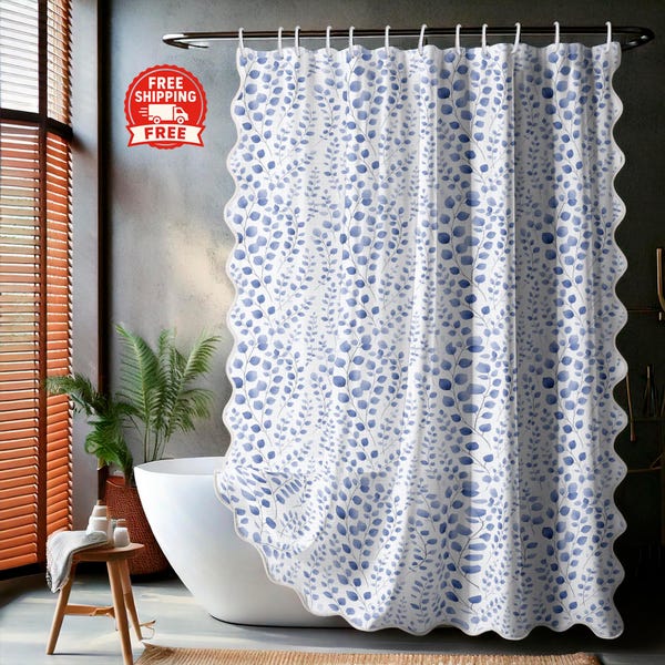Blue Vine Scalloped Shower Curtain – Botanical Bathroom Décor with White Trim – Cottagecore & Farmhouse Bathroom Style