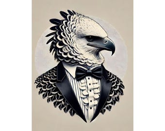 May include: A black and white illustration of a bird wearing a tuxedo with a bow tie. The bird has a sharp beak and a fierce expression. The background is a light beige color.