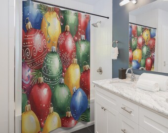 Douchegordijn met kleurrijke kerstversieringen | Badkamerdecoratie voor de feestdagen