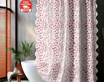 Red Vine Scalloped Shower Curtain – Botanical Bathroom Décor with White Trim – Modern Farmhouse & Cottagecore Style