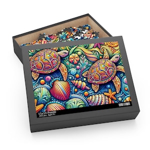 Colorful Sea Turtle Puzzle (120, 252, 500-Piece), Beach Decor Gift, Family Activity, Ocean Themed, Handmade Art