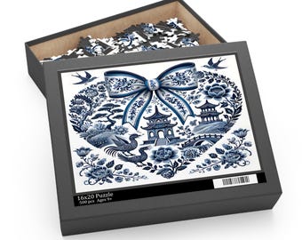 Blue Floral Heart Puzzle for Relaxation, Home Decor, Family Bonding, Gift for Occasions, Chinoiserie Art