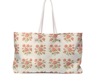 Vintage Pink Rose Pattern Weekender Bag | Floral Travel Tote, Ladies Tote Bag