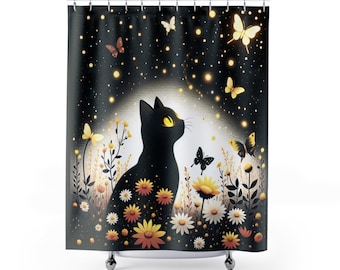Whimsical Cat and Butterflies Shower Curtain, Floral Bathroom Decor, Magical Shower Accessory, Cat Lover Gift, Nature-inspired Decor