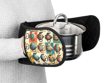 Retro waterkokerpatroon ovenwanten | Pannenlap met dubbele handgreep, accessoires voor keukenwanten
