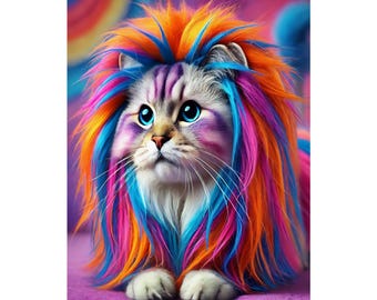 May include: A white cat with blue eyes wearing a bright pink, blue, and orange wig. The cat is looking directly at the viewer.