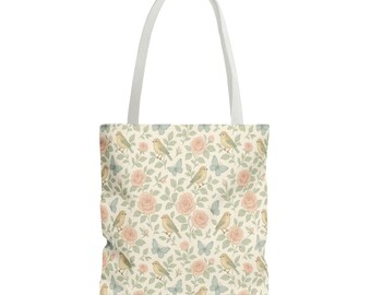 Vintage Rose and Bird Pattern Tote Bag | Floral Botanical Design, Ladies Tote,
