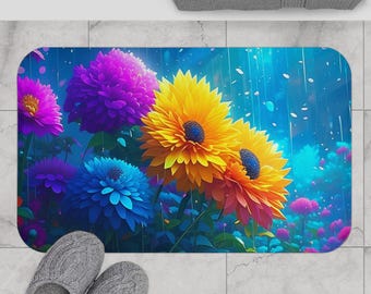 May include: A colorful bath mat with a floral design. The mat features large, vibrant flowers in shades of blue, purple, and yellow, with a background of blue and white raindrops.