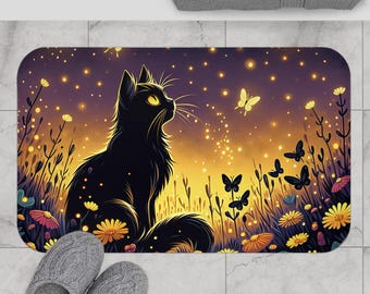 Tapis de bain chat fantaisiste - Décoration de salle de bain confortable, cadeau pour amoureux des chats, accessoire floral pour la maison, tapis de bain antidérapant, accent unique de salle de bain